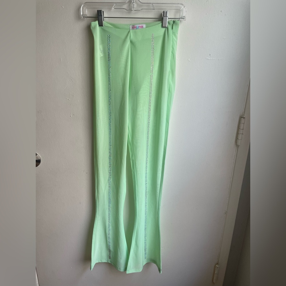 Elsie & Fred Neon Bright Green Mesh EDM style pants with Diamanté Tracks